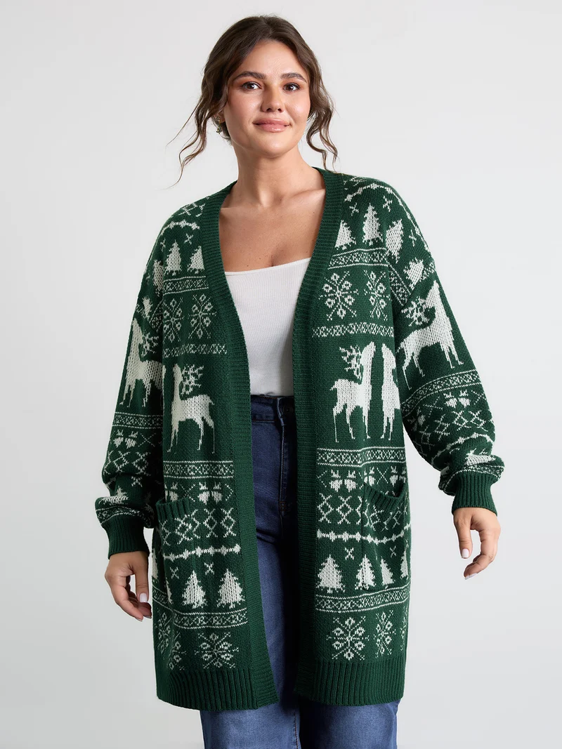 Elk Christmas Print Jacquard Open-Front Knit Cardigan