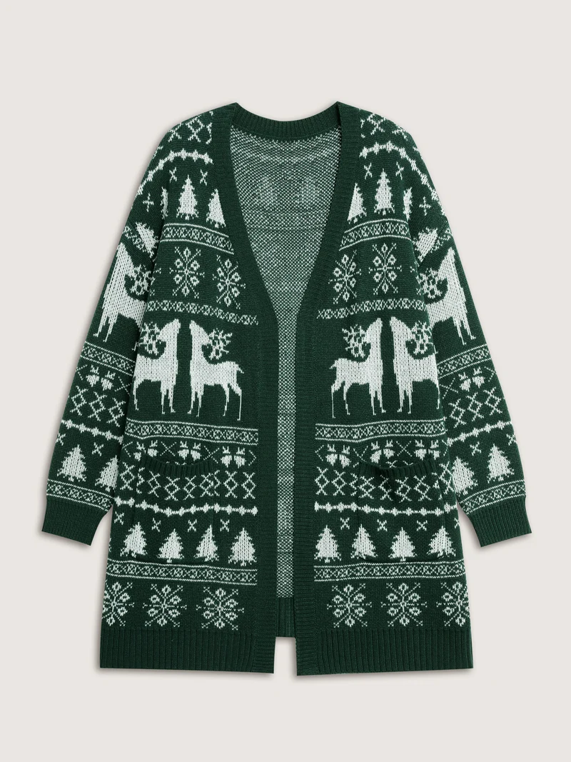 Elk Christmas Print Jacquard Open-Front Knit Cardigan