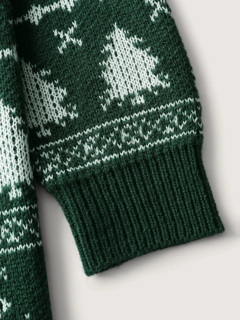 Elk Christmas Print Jacquard Open-Front Knit Cardigan