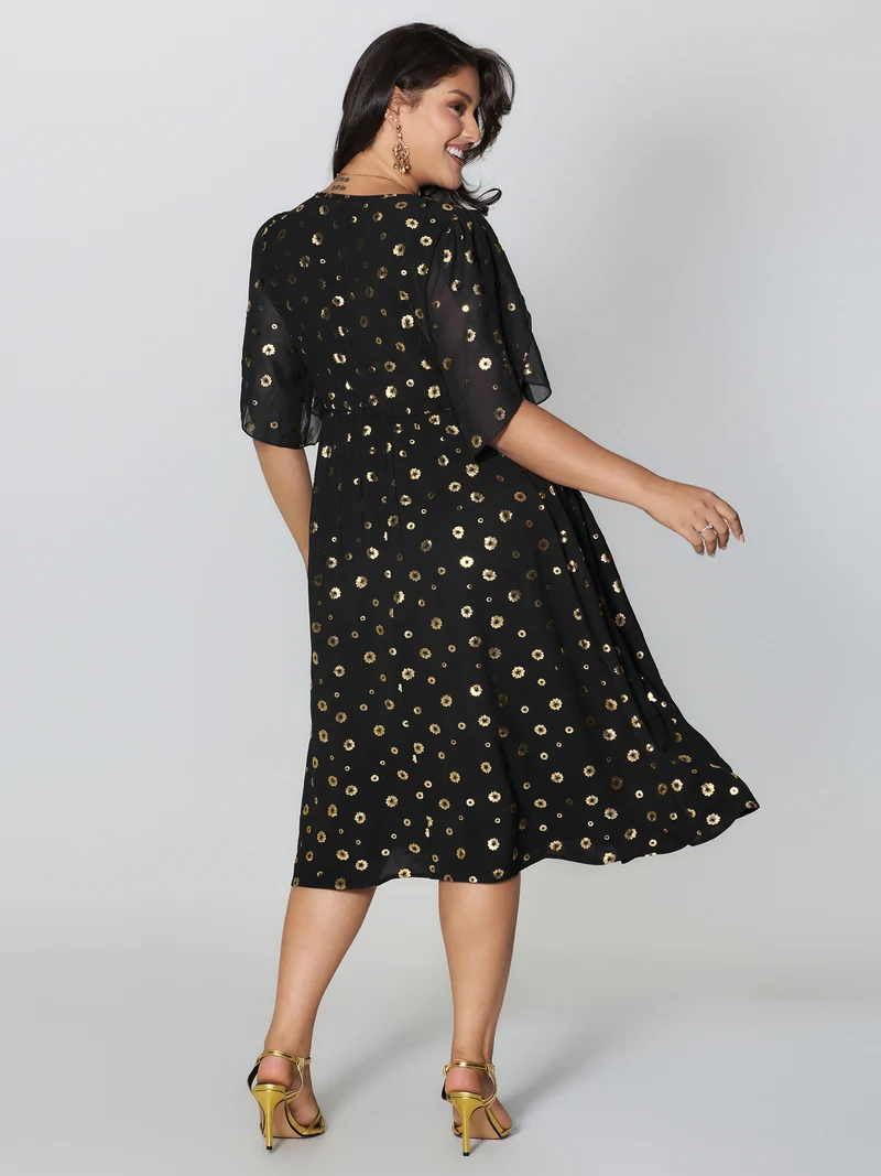 Gold Stamped Bud Sleeve Midi Dress