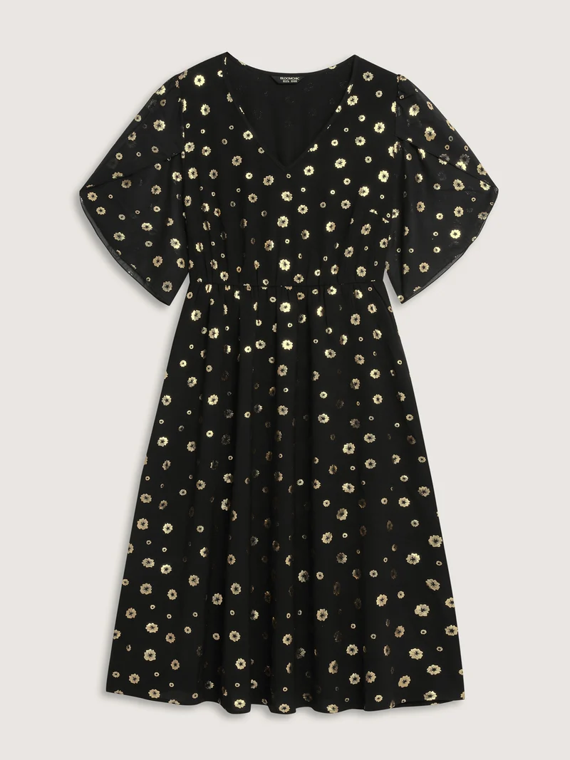 Gold Stamped Bud Sleeve Midi Dress