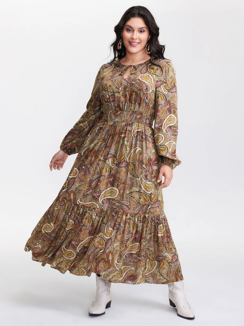 Paisley Print Neck-Tie Tiered Maxi Dress
