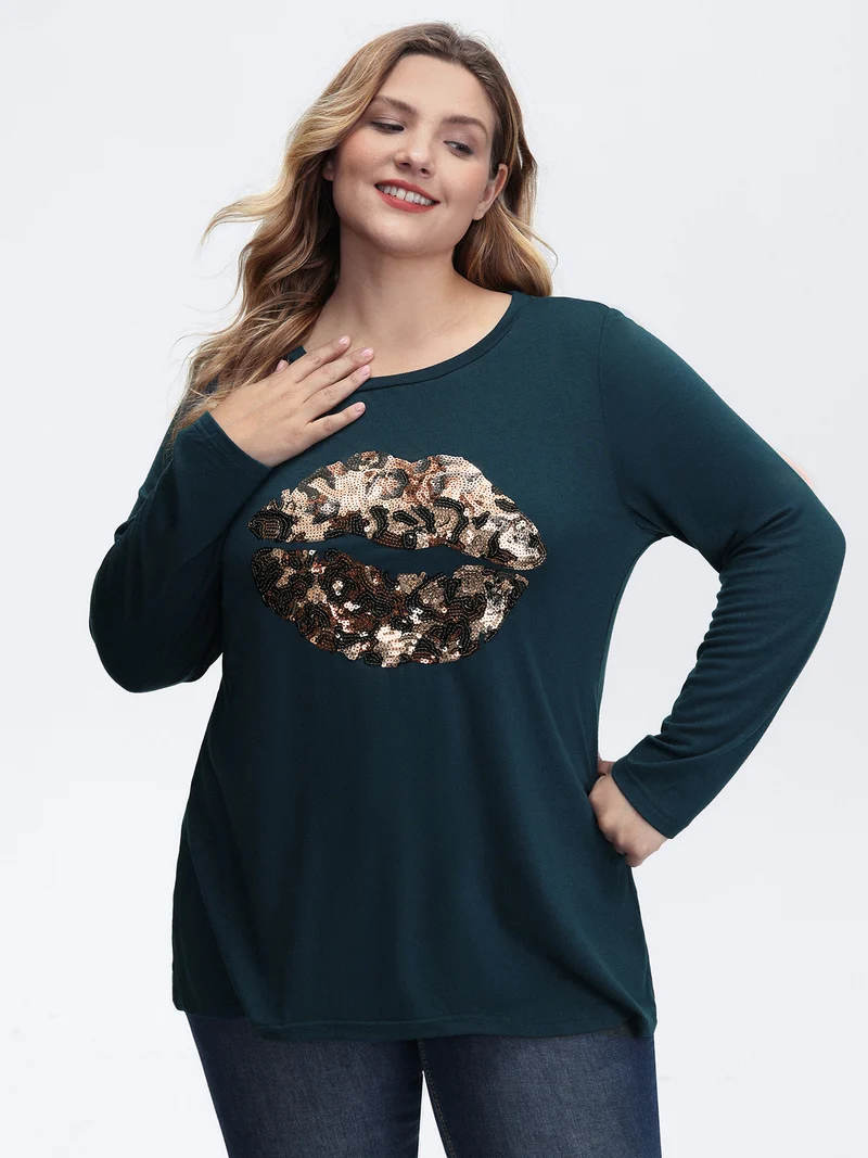 Supersoft Embroidered Leopard Lips Sequin T-Shirt