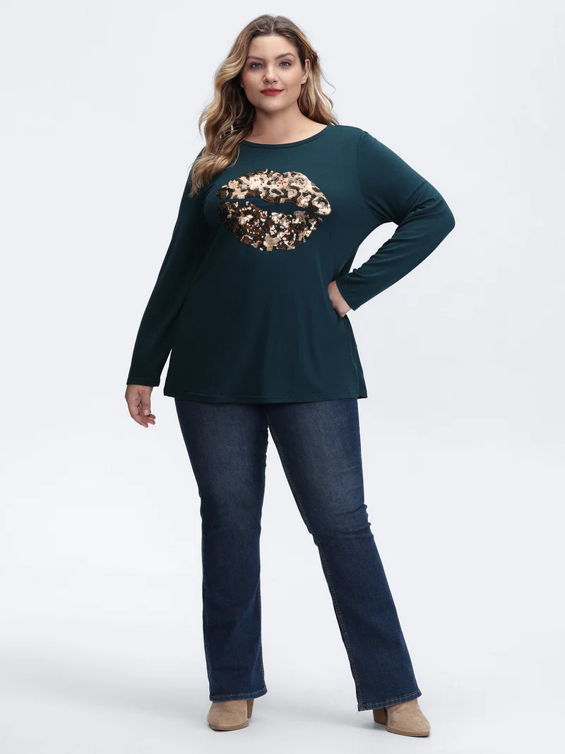 Supersoft Embroidered Leopard Lips Sequin T-Shirt