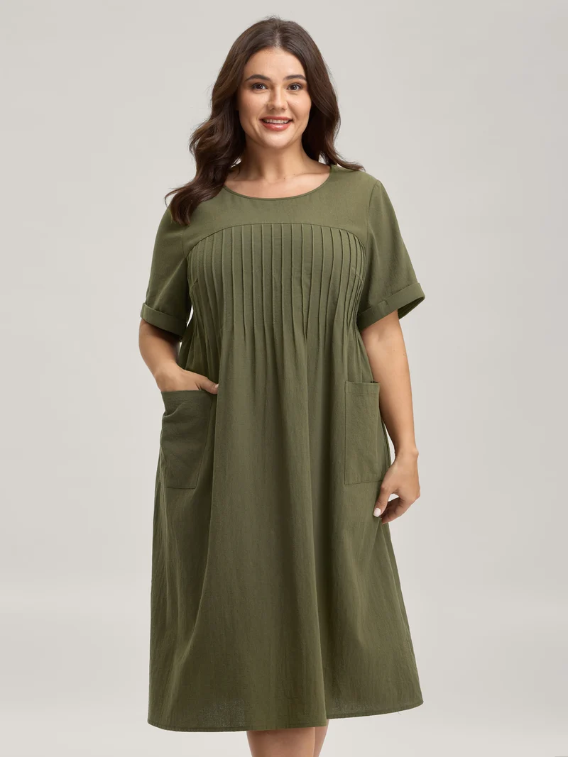 Pure Cotton Pin-Tuck Pleats Midi Dress