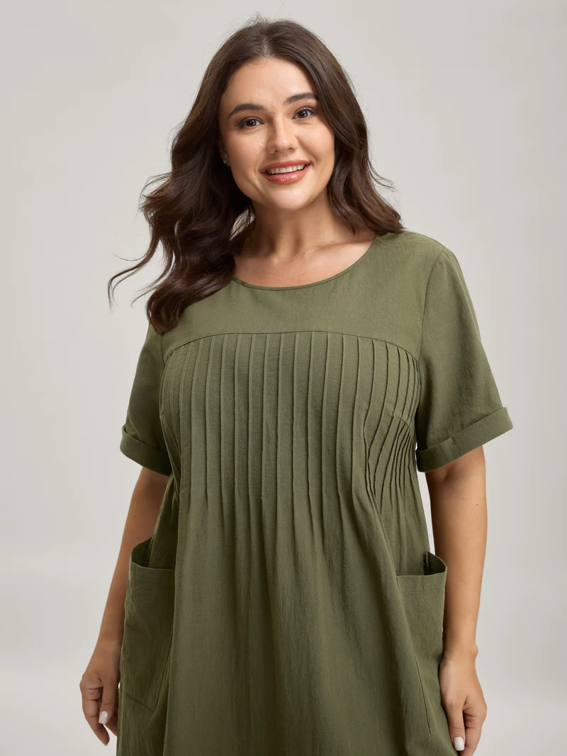 Pure Cotton Pin-Tuck Pleats Midi Dress