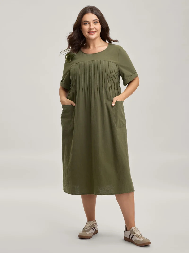 Pure Cotton Pin-Tuck Pleats Midi Dress