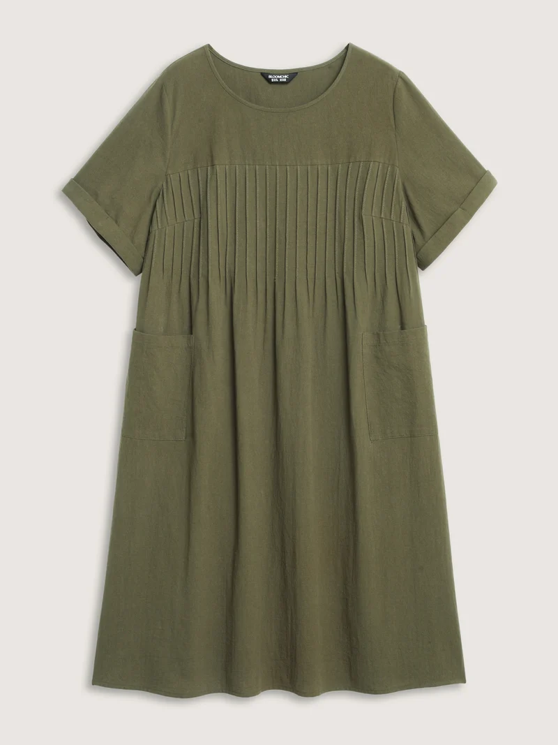 Pure Cotton Pin-Tuck Pleats Midi Dress