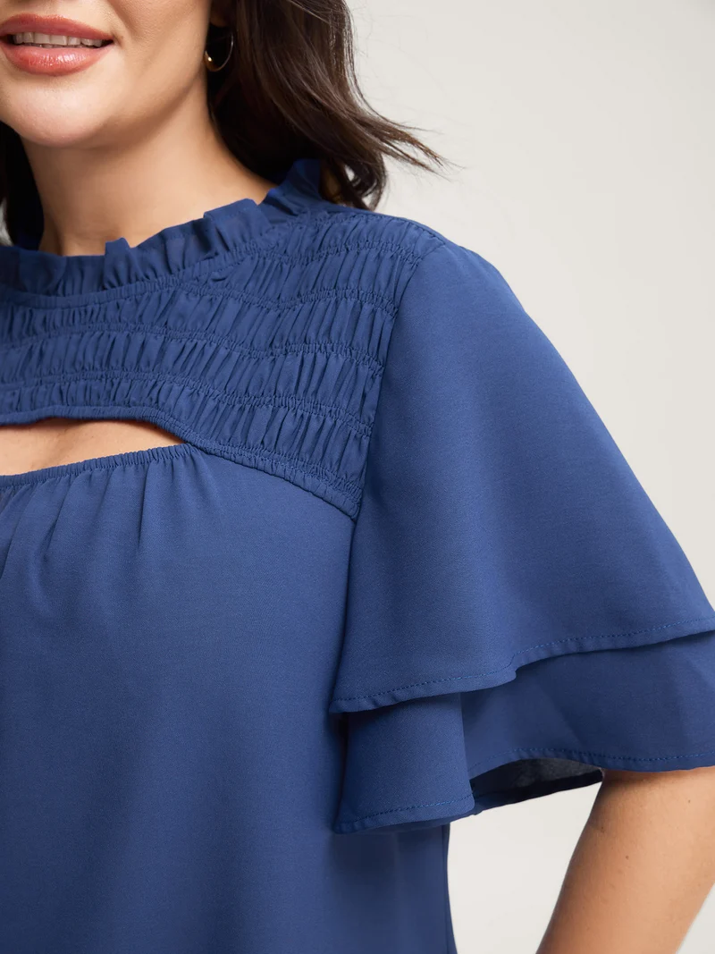 Shirred Cut-Out Neckline Layered Sleeve Blouse