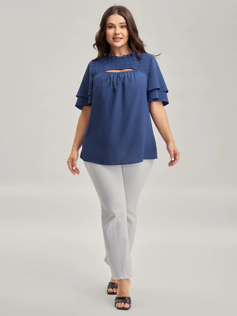 Shirred Cut-Out Neckline Layered Sleeve Blouse