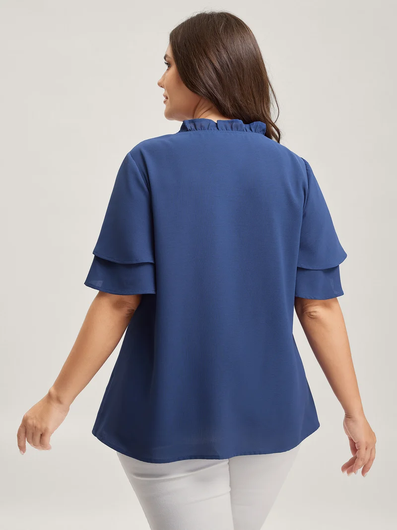 Shirred Cut-Out Neckline Layered Sleeve Blouse