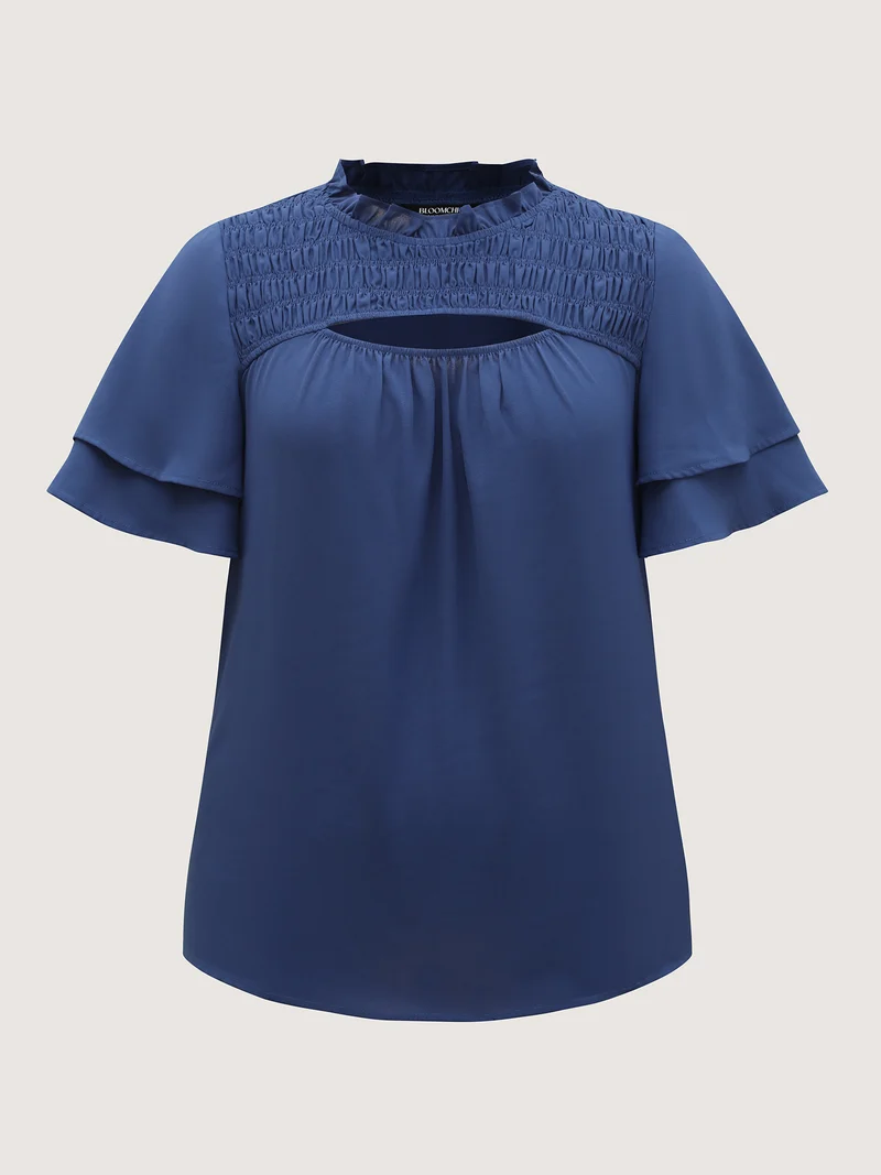 Shirred Cut-Out Neckline Layered Sleeve Blouse