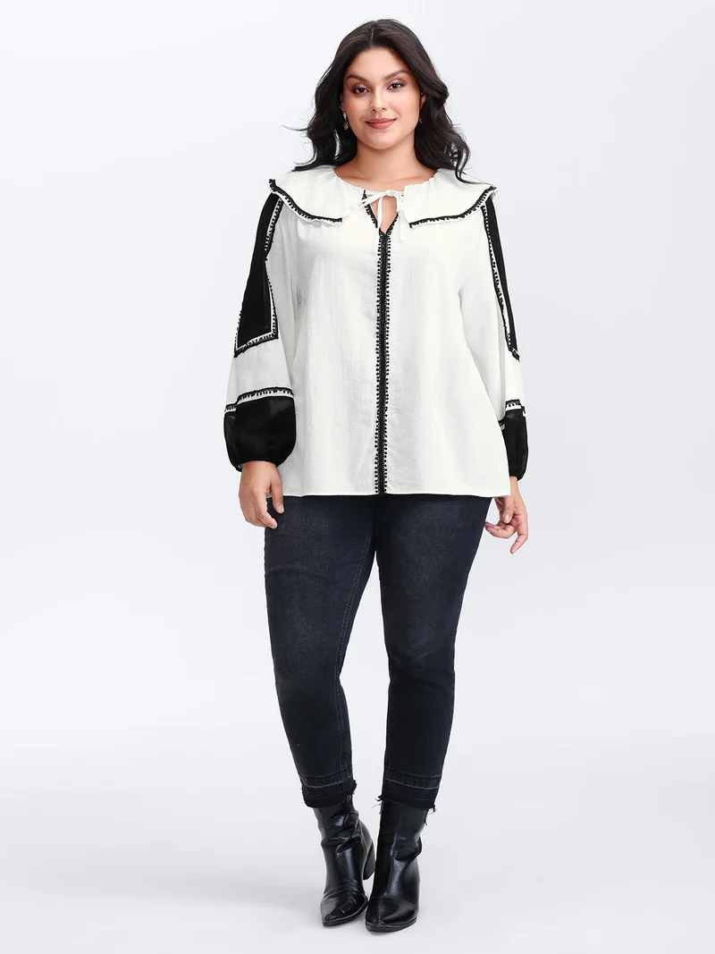 Ruffled Collar Contrast Webbing Top