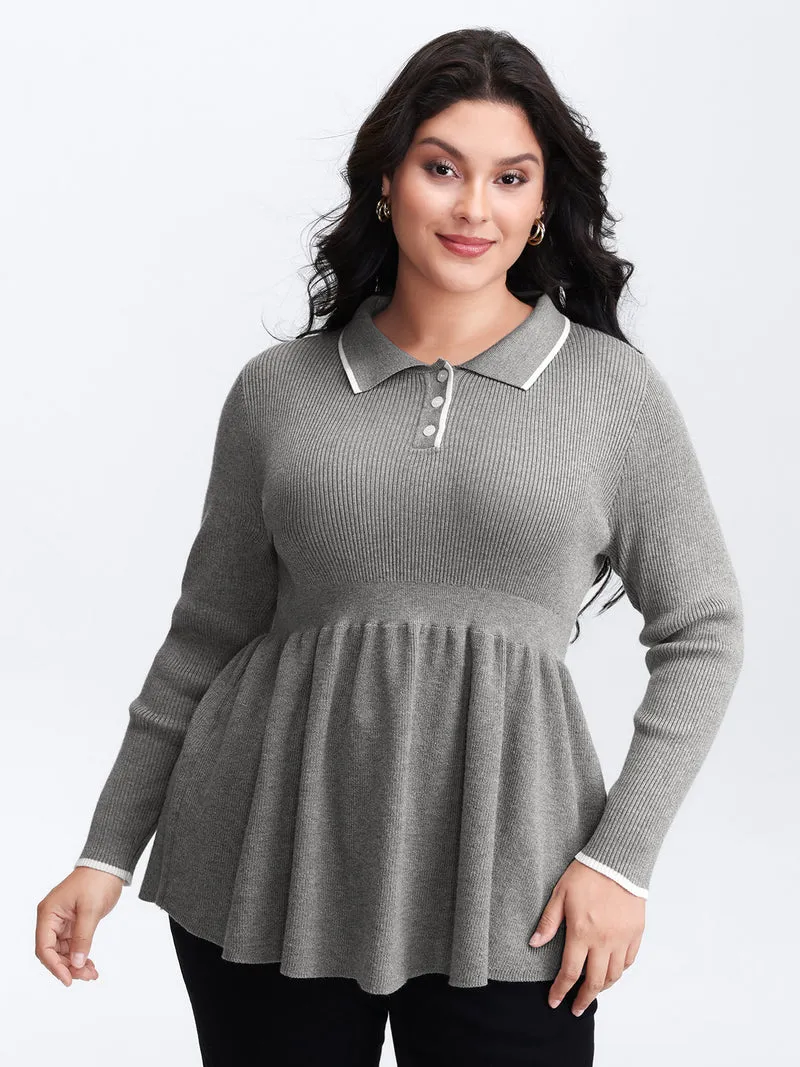 Polo Collar Cinched-Waist Flared Pullover