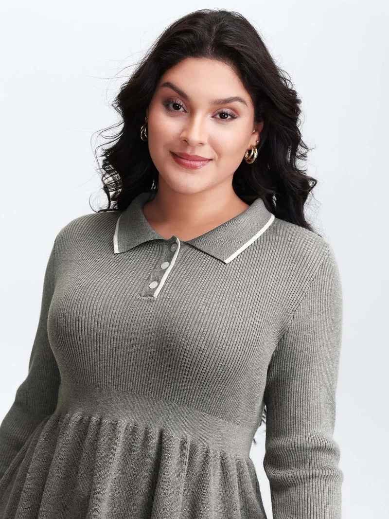 Polo Collar Cinched-Waist Flared Pullover