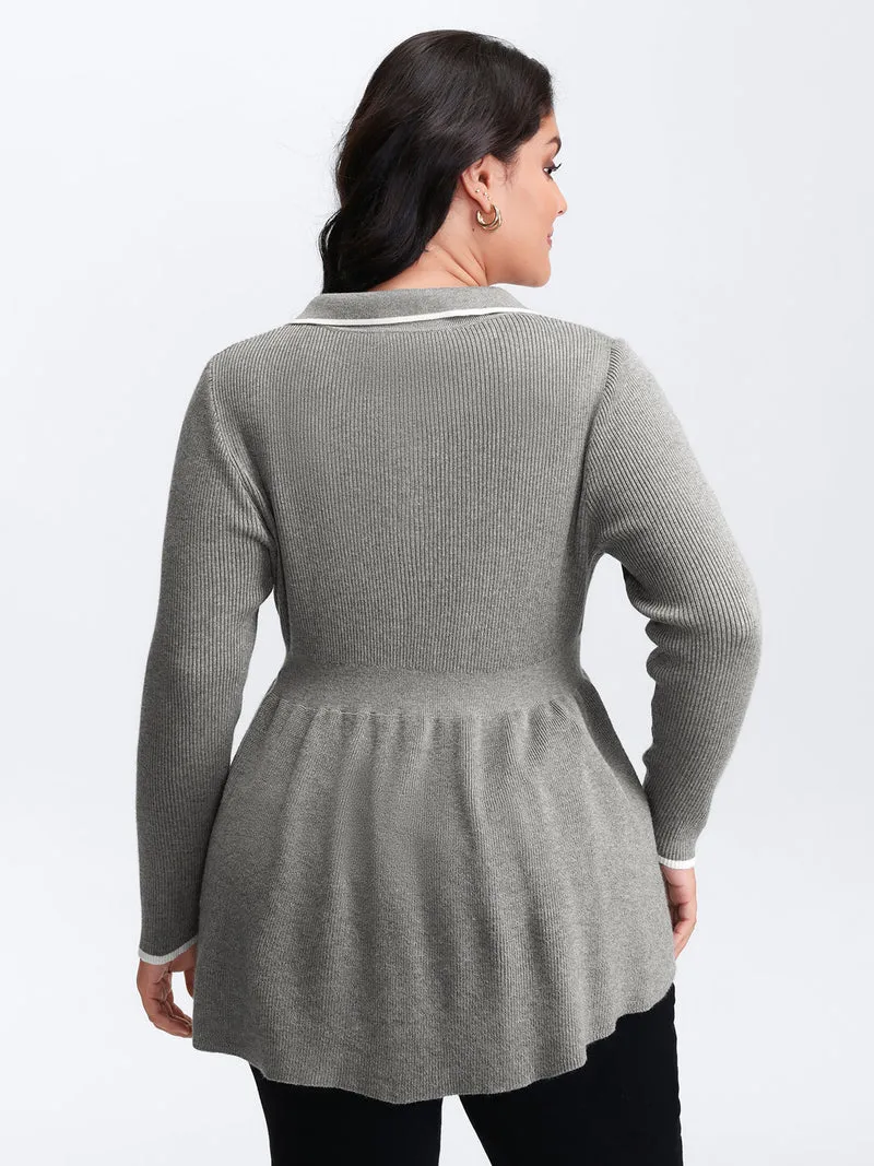 Polo Collar Cinched-Waist Flared Pullover
