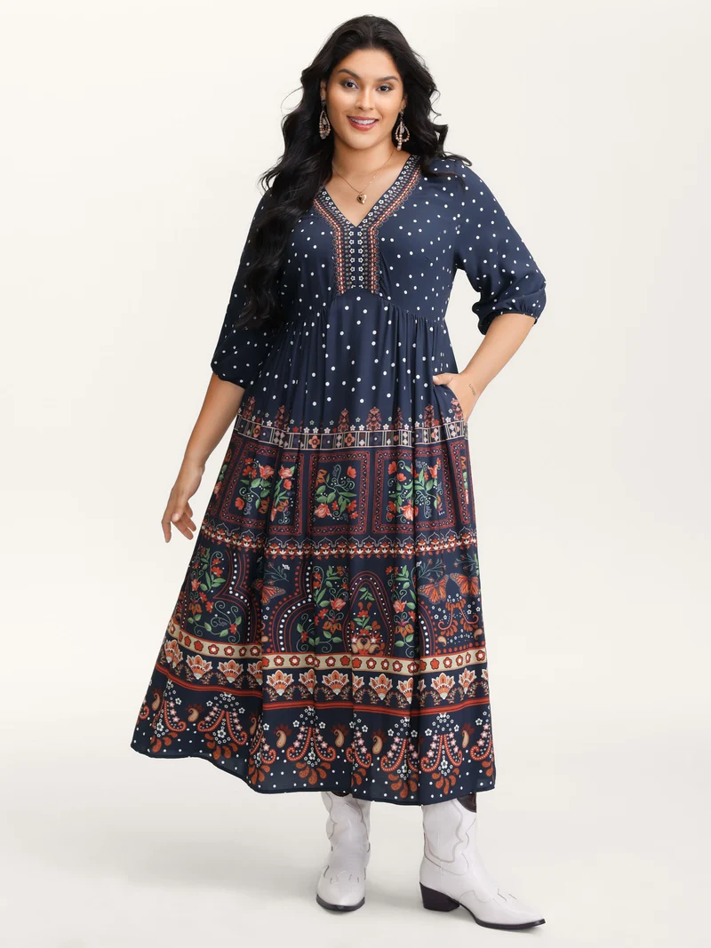 Boho Floral Print Pockets Contrast Maxi Dress