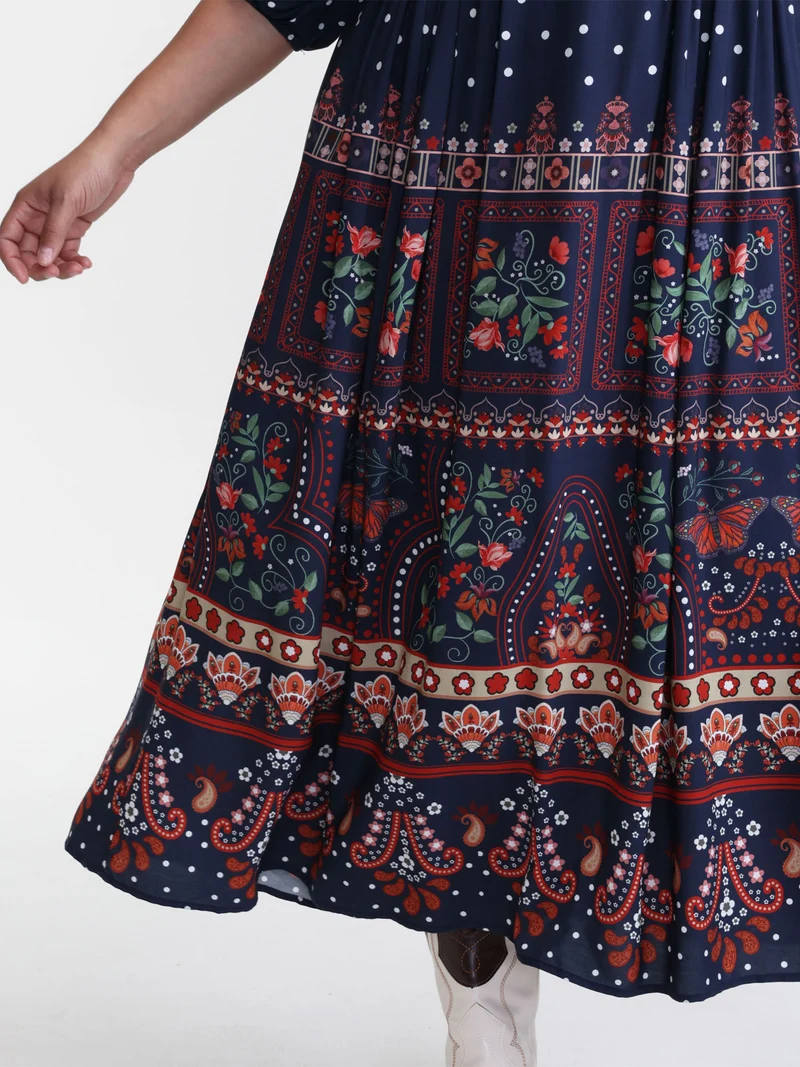 Boho Floral Print Pockets Contrast Maxi Dress