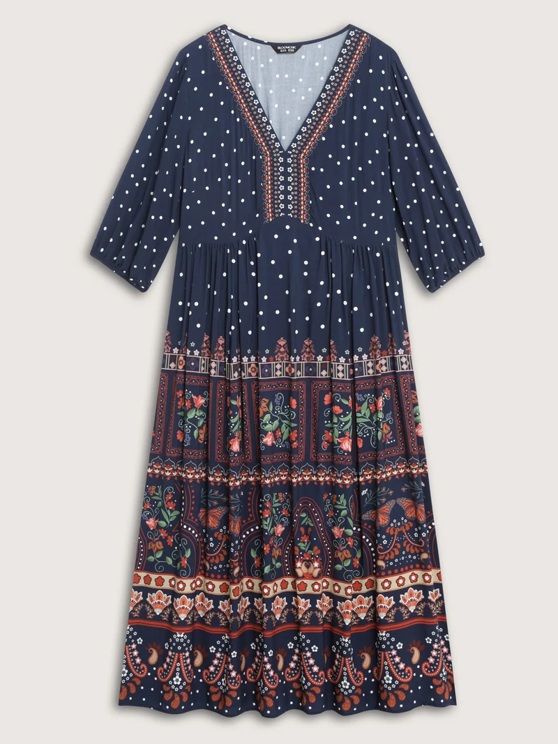 Boho Floral Print Pockets Contrast Maxi Dress