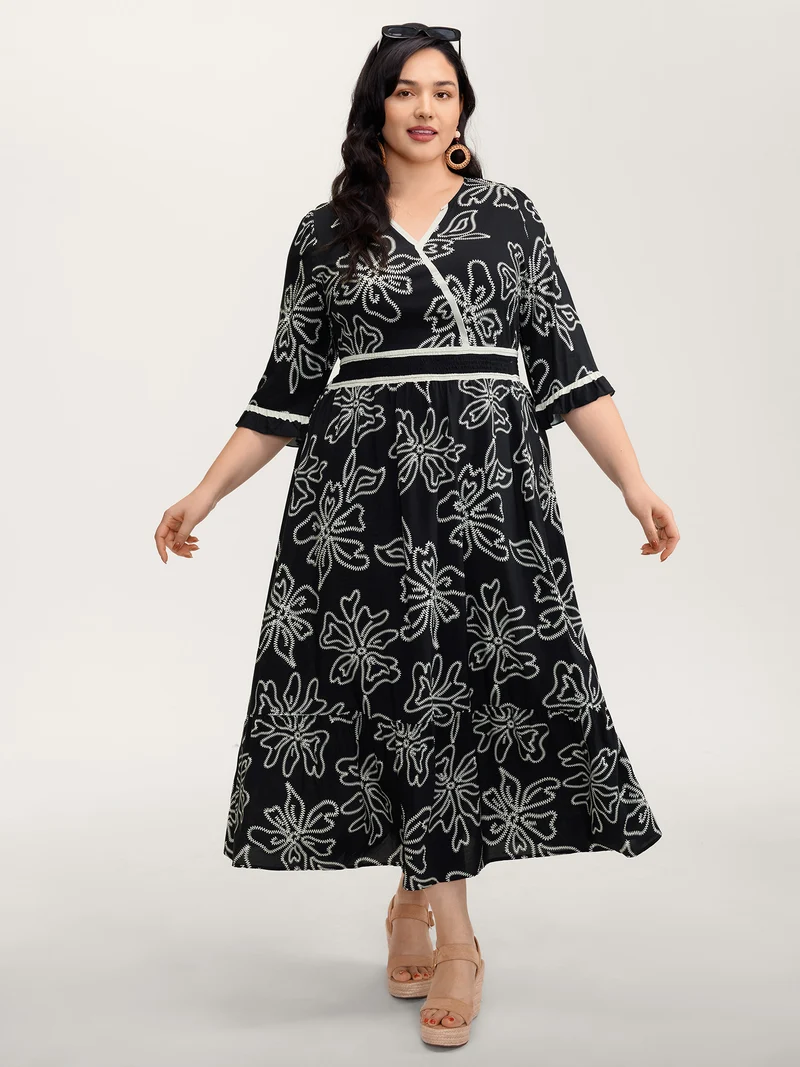 Floral Print Rayon Pockets Wrap Maxi Dress