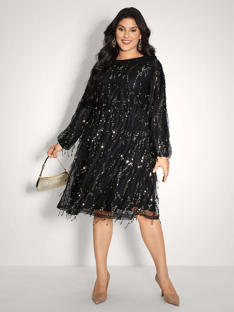 Back Bow Tie Fringe Sequin Midi Dress