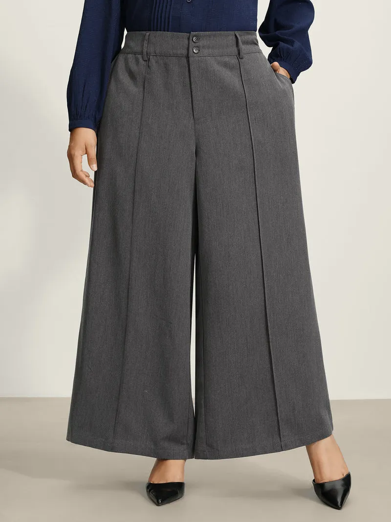 Double-Button Pleated Detail Wide-Leg Pants
