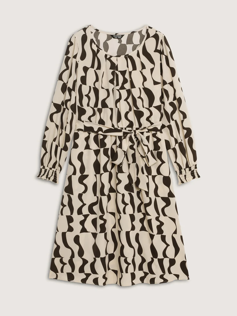 Geometric Print Pleated Neckline Belt Midi Dress