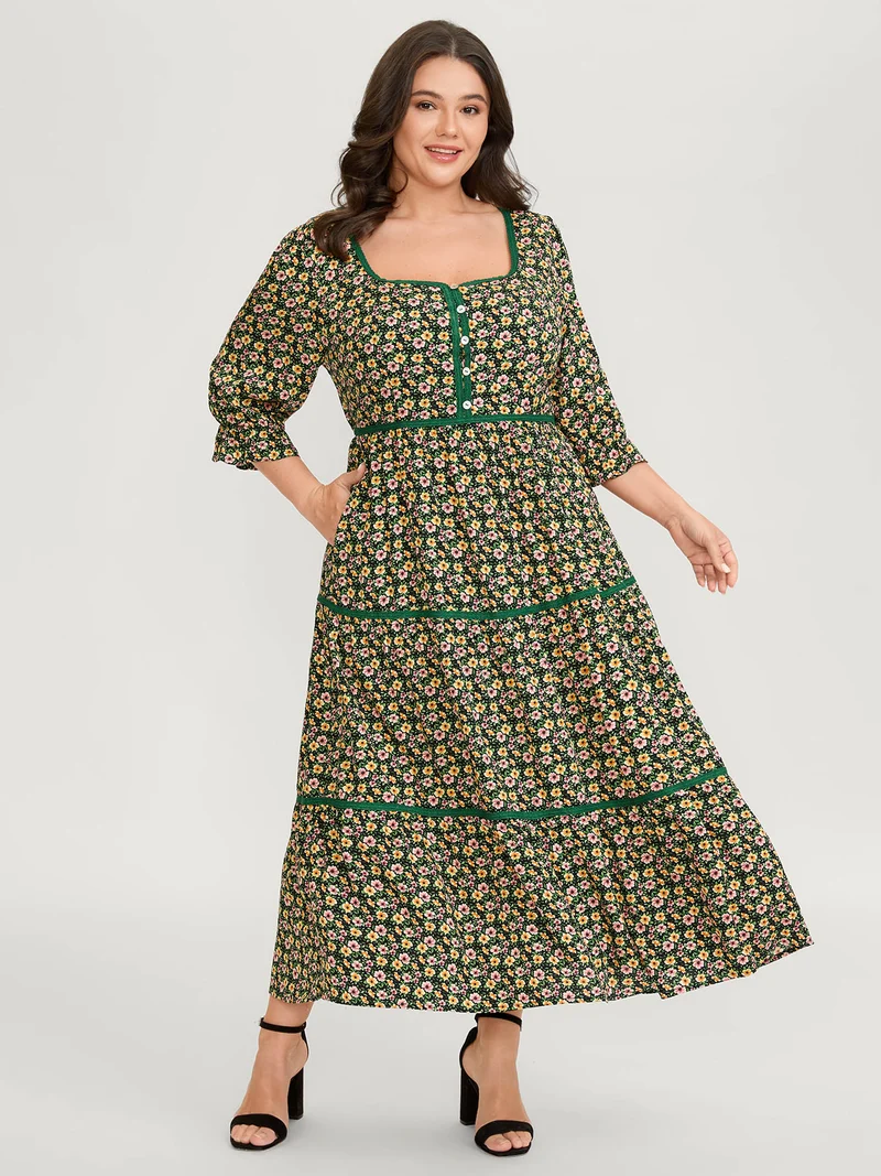 Dense Floral Print Stretchy Waist Maxi Dress