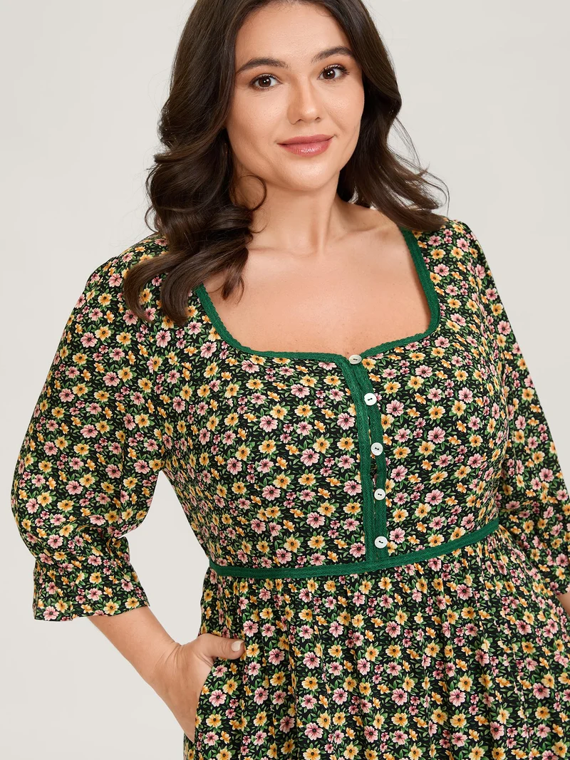 Dense Floral Print Stretchy Waist Maxi Dress