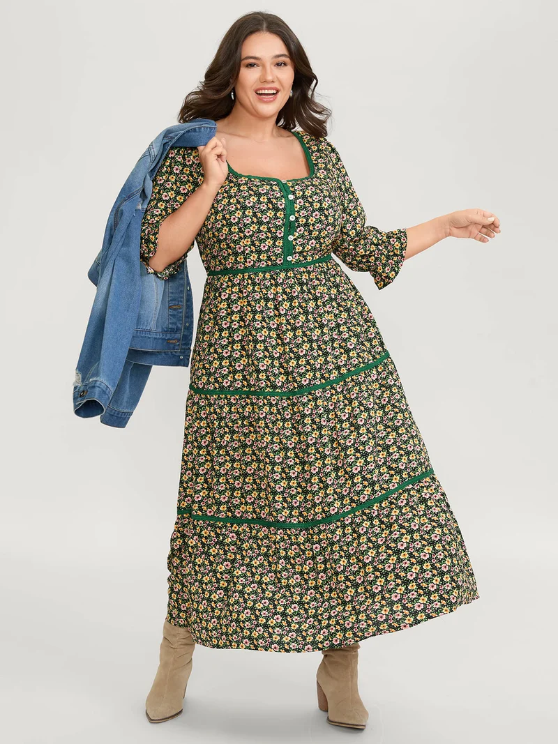 Dense Floral Print Stretchy Waist Maxi Dress