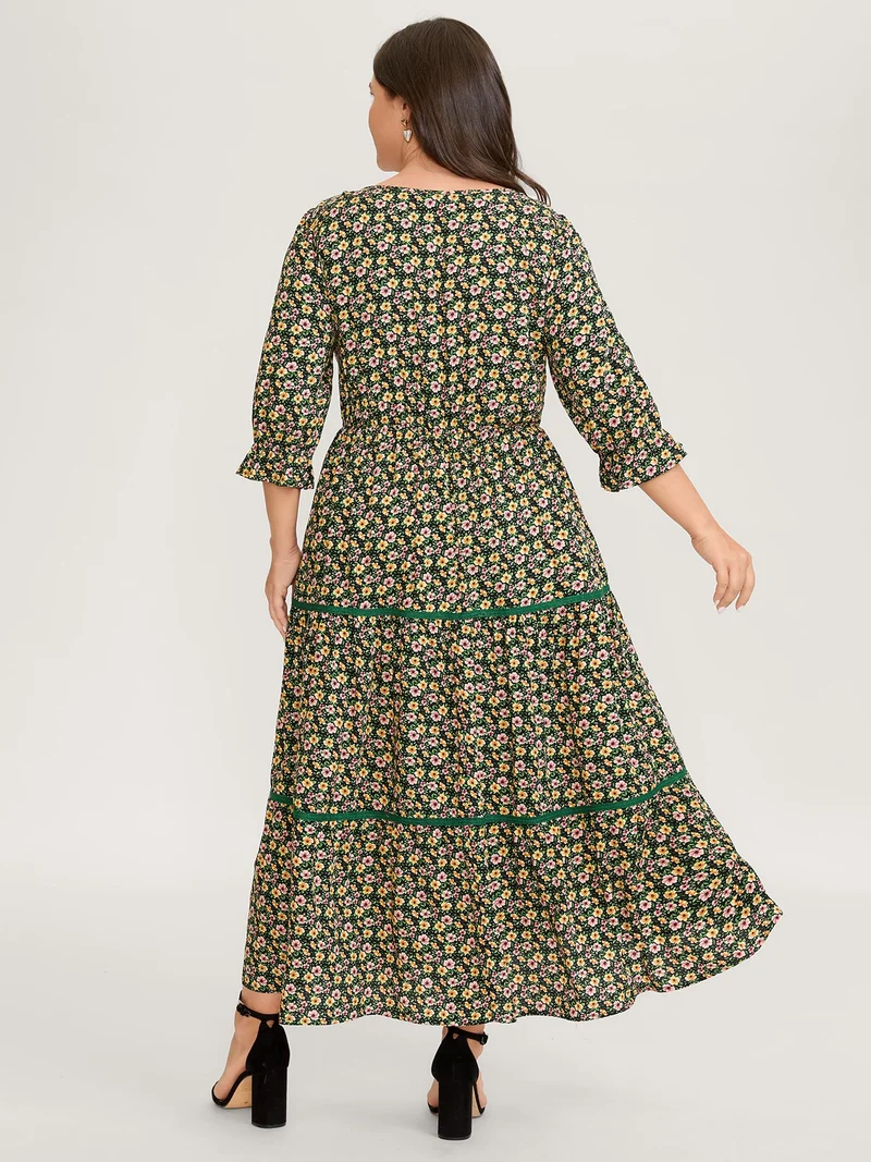 Dense Floral Print Stretchy Waist Maxi Dress