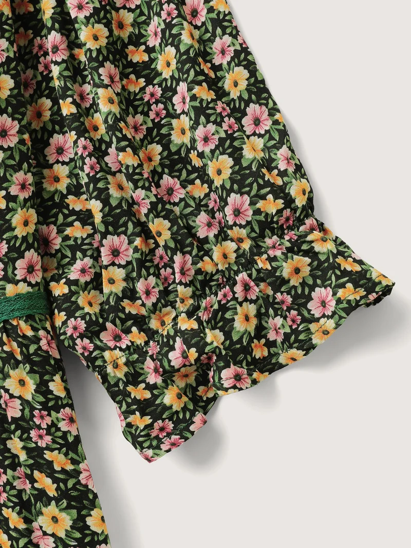 Dense Floral Print Stretchy Waist Maxi Dress