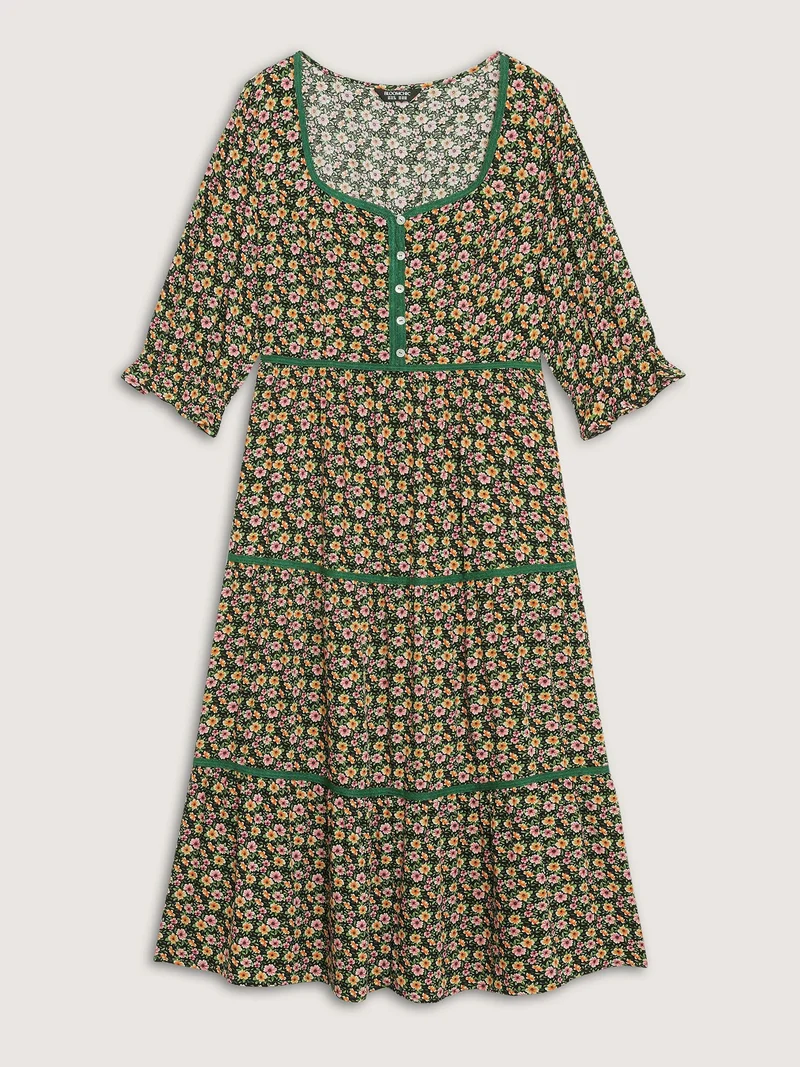 Dense Floral Print Stretchy Waist Maxi Dress