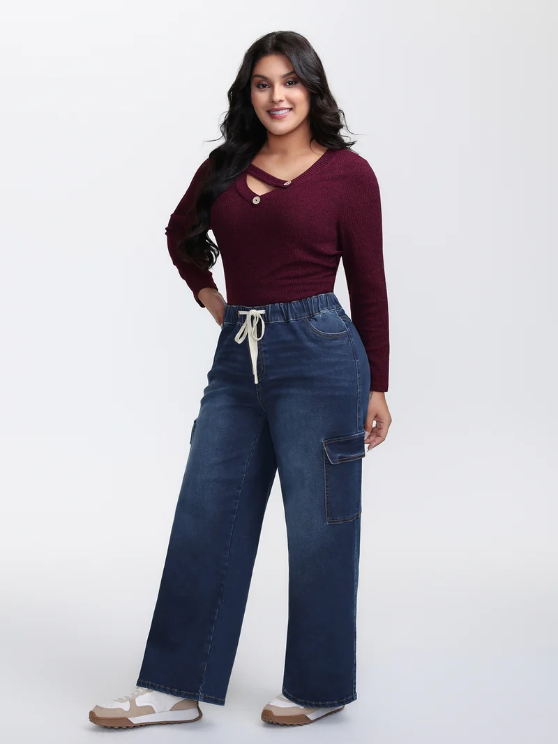 Stretchy Waist Drawstring Wide-Leg Jeans