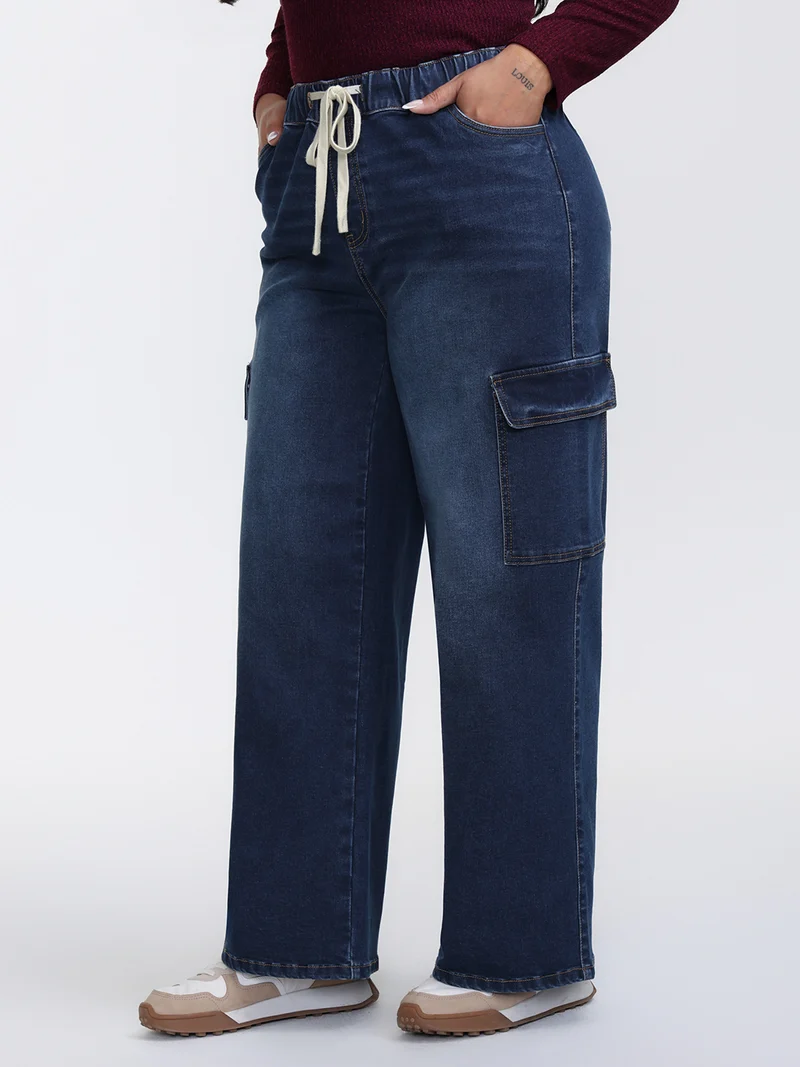 Stretchy Waist Drawstring Wide-Leg Jeans