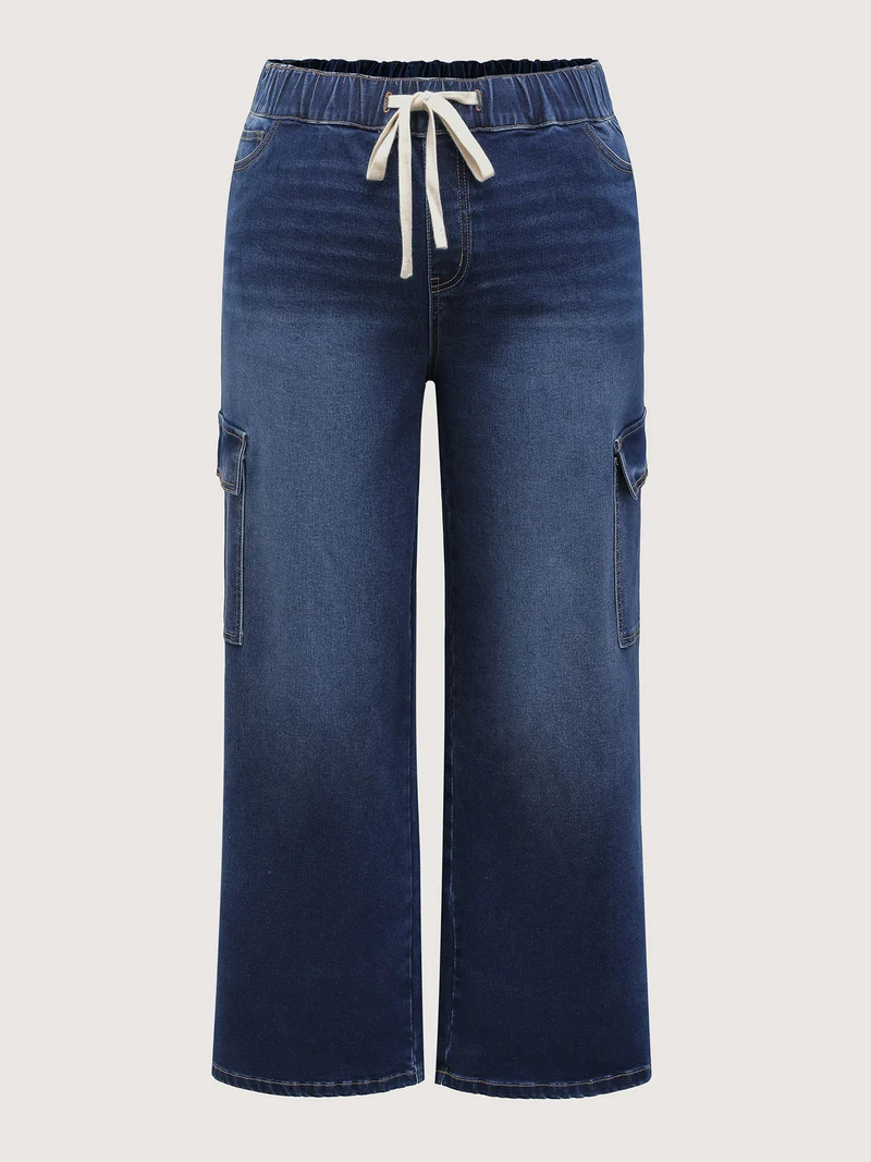 Stretchy Waist Drawstring Wide-Leg Jeans