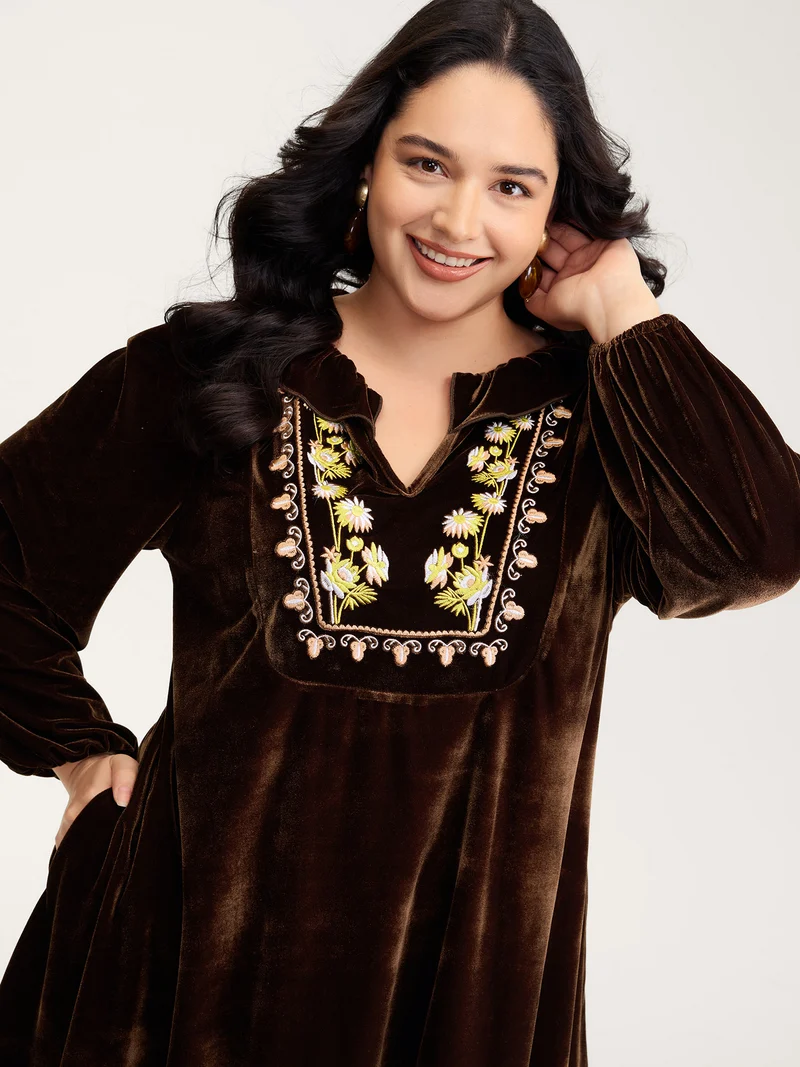 Velvet Floral Embroidered Neckline Knee-Length Dress