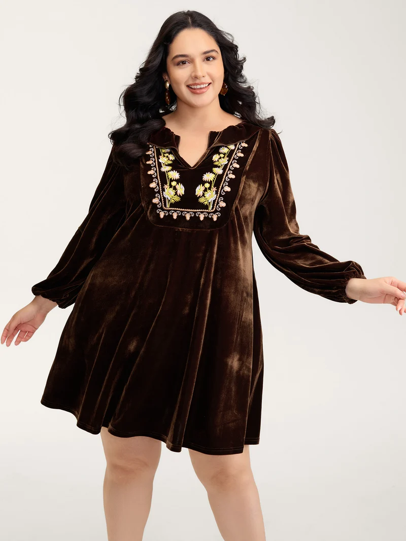 Velvet Floral Embroidered Neckline Knee-Length Dress