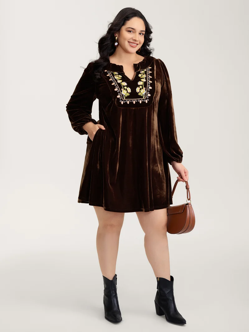 Velvet Floral Embroidered Neckline Knee-Length Dress