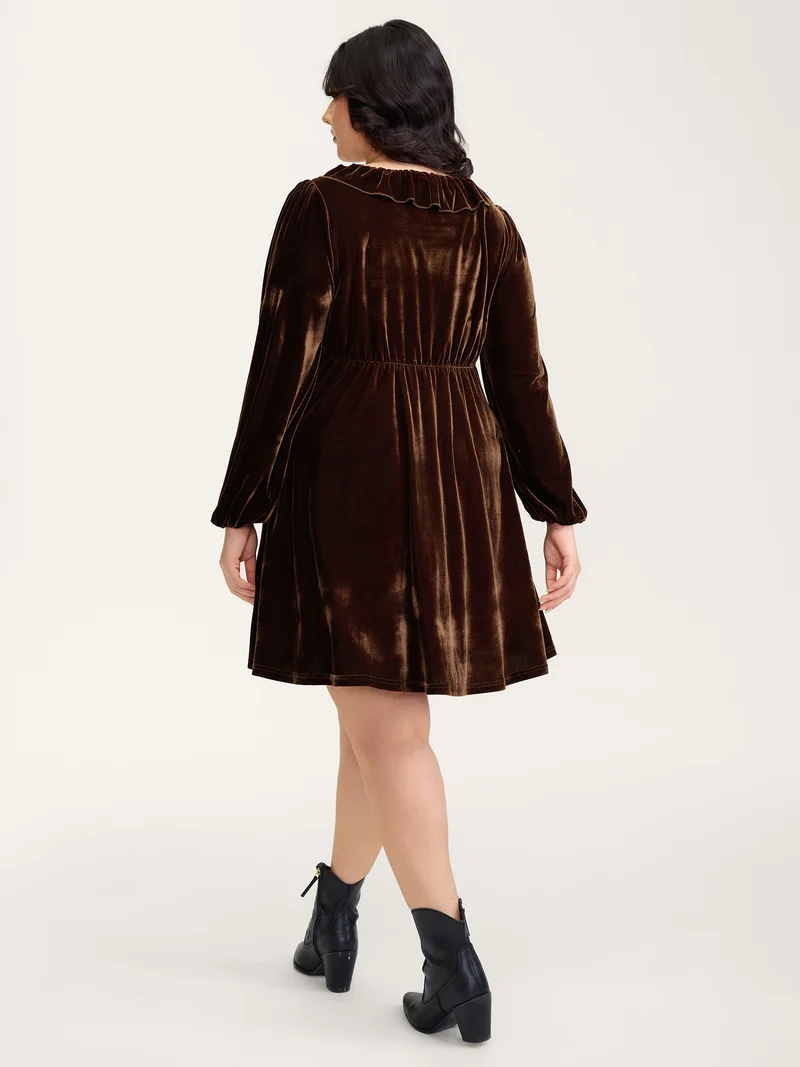 Velvet Floral Embroidered Neckline Knee-Length Dress