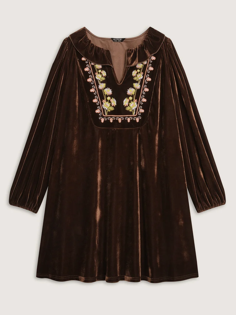 Velvet Floral Embroidered Neckline Knee-Length Dress