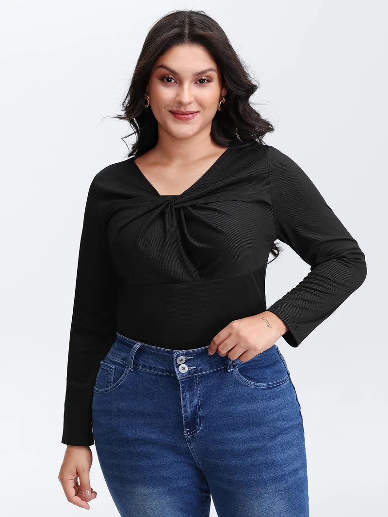 Stretchy Knotted Neckline Cozy Knit Top