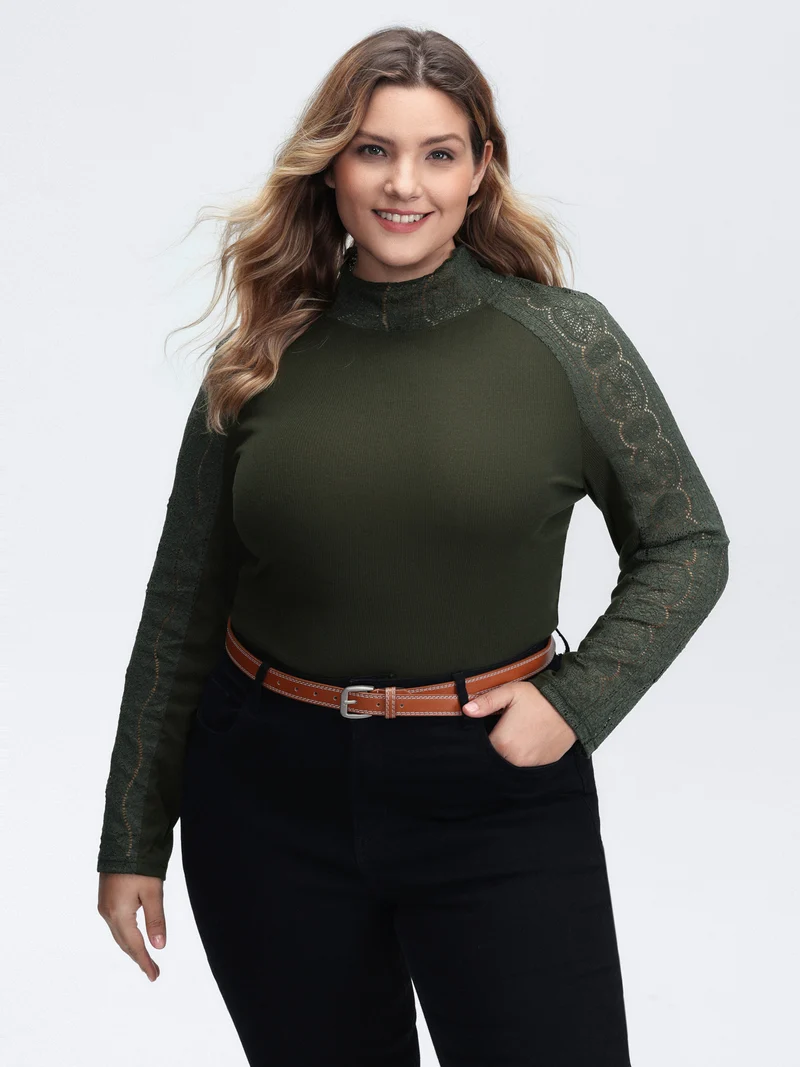 Mock Neck Lace Splicing Ribbed Texture T-Shirt