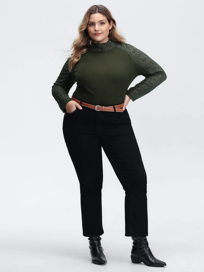 Mock Neck Lace Splicing Ribbed Texture T-Shirt