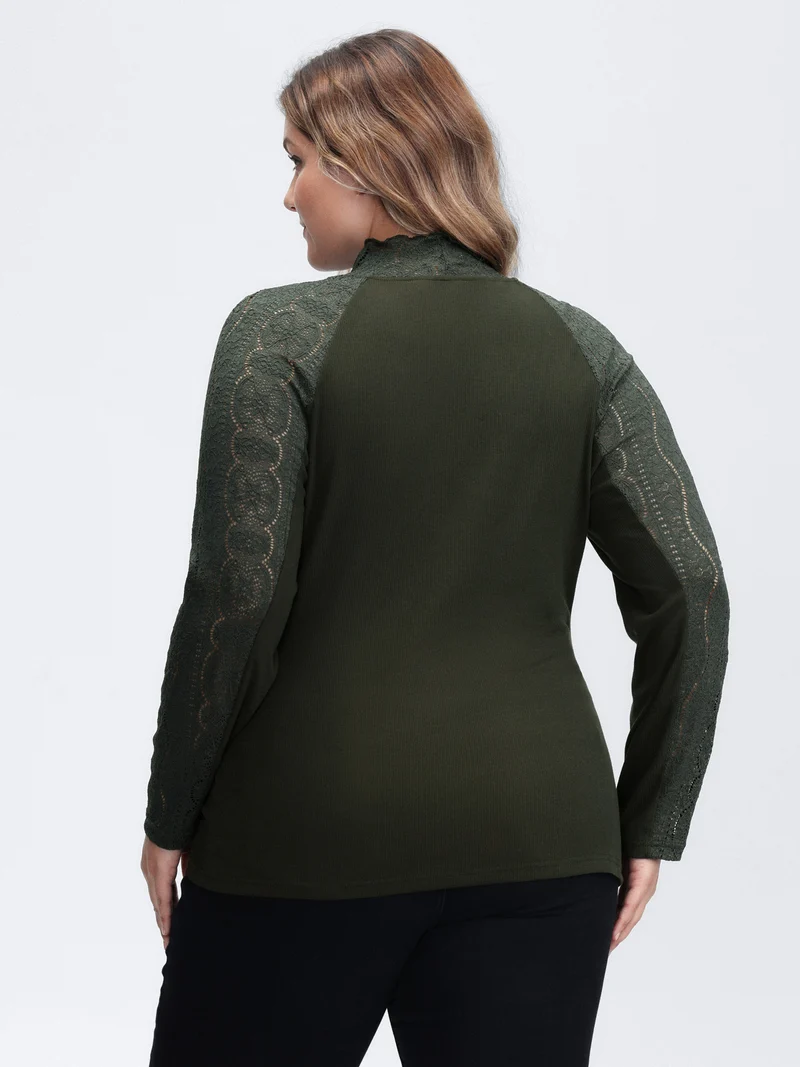 Mock Neck Lace Splicing Ribbed Texture T-Shirt