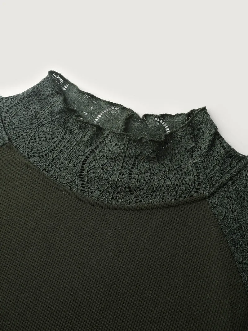 Mock Neck Lace Splicing Ribbed Texture T-Shirt