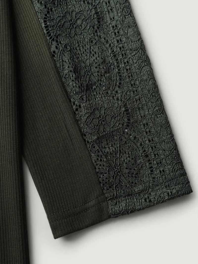 Mock Neck Lace Splicing Ribbed Texture T-Shirt
