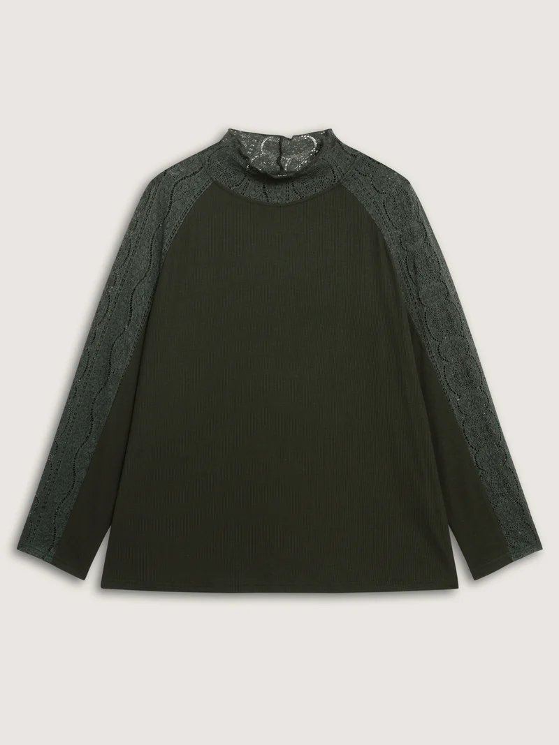 Mock Neck Lace Splicing Ribbed Texture T-Shirt