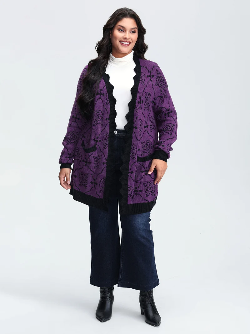 Floral Pattern Scalloped Collar Knit Cardigan