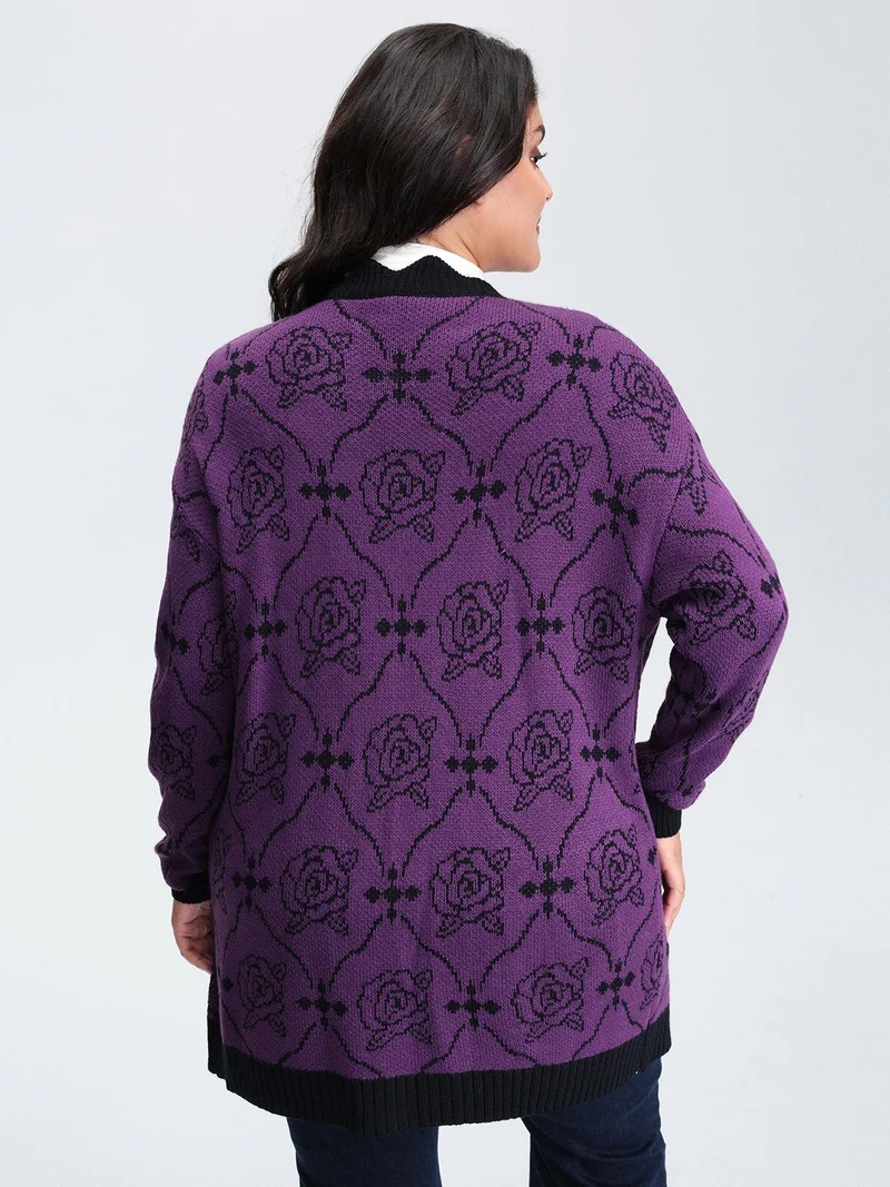 Floral Pattern Scalloped Collar Knit Cardigan